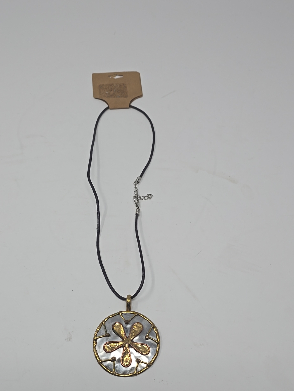 Gold Flower Disc Pendant Necklace on Black Cord